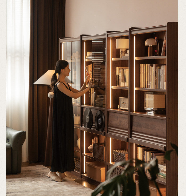 Black Walnut Solid Wood Combination Bookcase with Wall Storage and Floor Display