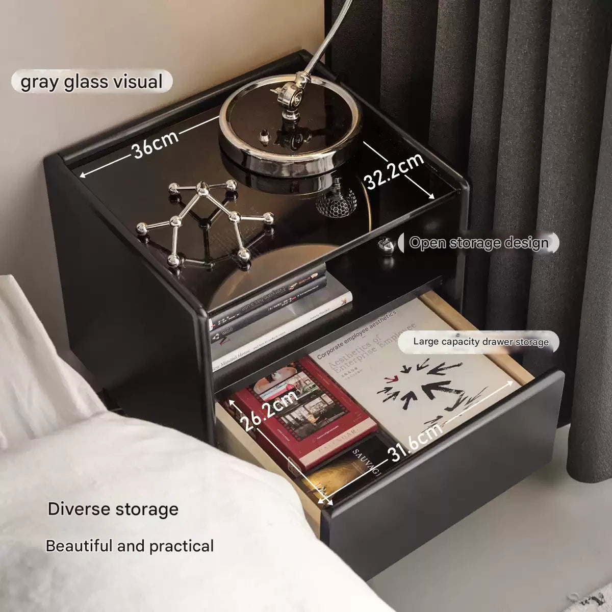 Rubber Solid Wood Modern Black Nightstand