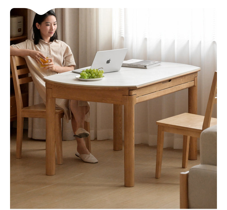 Ash solid wood retractable rock plate dining table