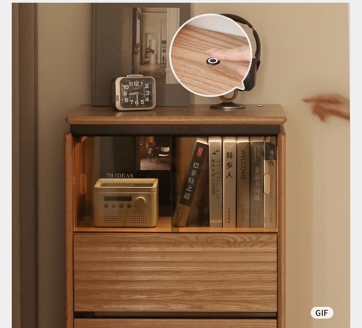 Oak Solid Wood Tall Side Cabinet with Louvered Sliding Door and LED Lighting