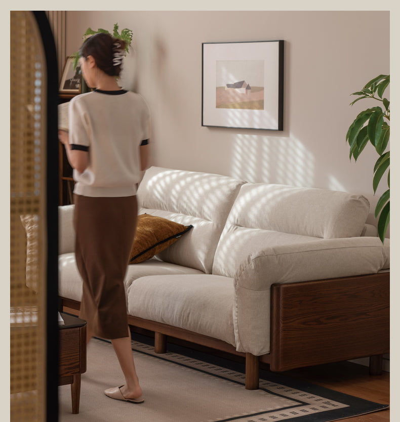 Black Walnut, Oak Solid Wood Sofa Genuine Leather, fabrics