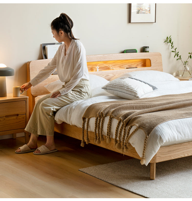 Oak solid wood with light and storage Bed