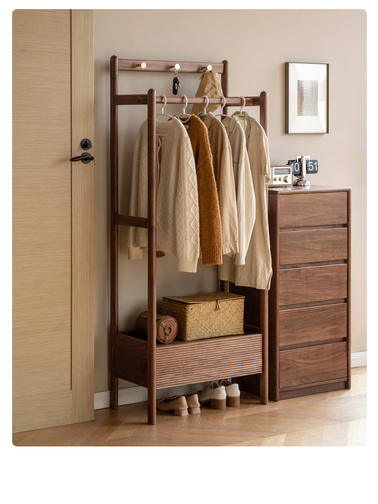 Black Walnut, Oak Solid Wood Floor to Floor Clothes Storage Rack<