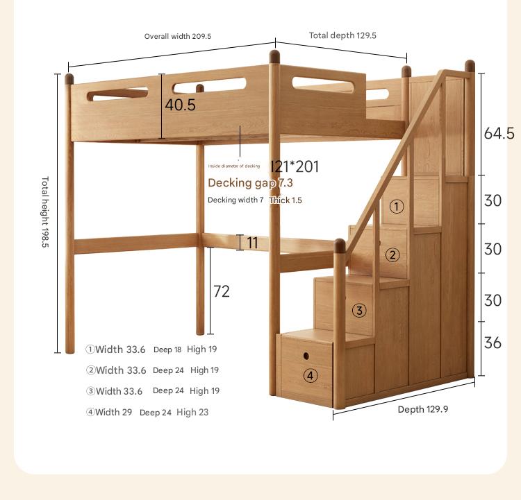Oak solid wood Loft bed with cabinet