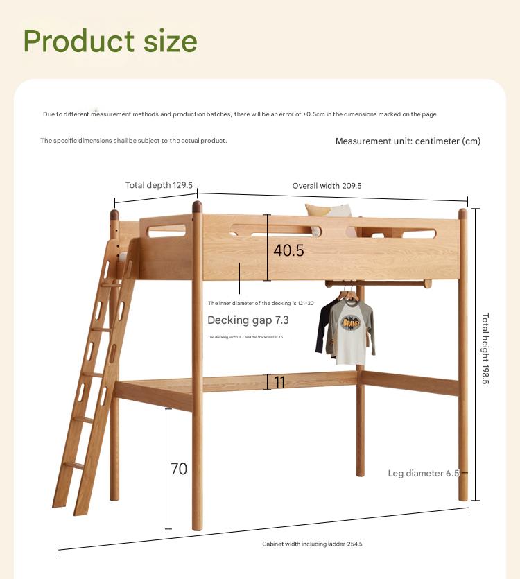 Oak solid wood Loft bed with cabinet