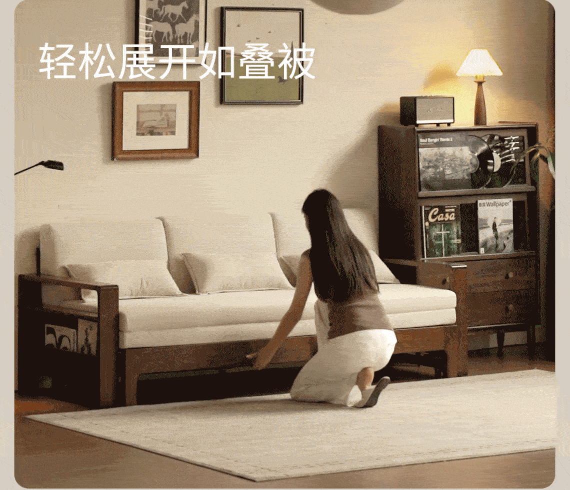 Oak, Beech Sofa Bed with Wood Frame and Side Storage Pocket