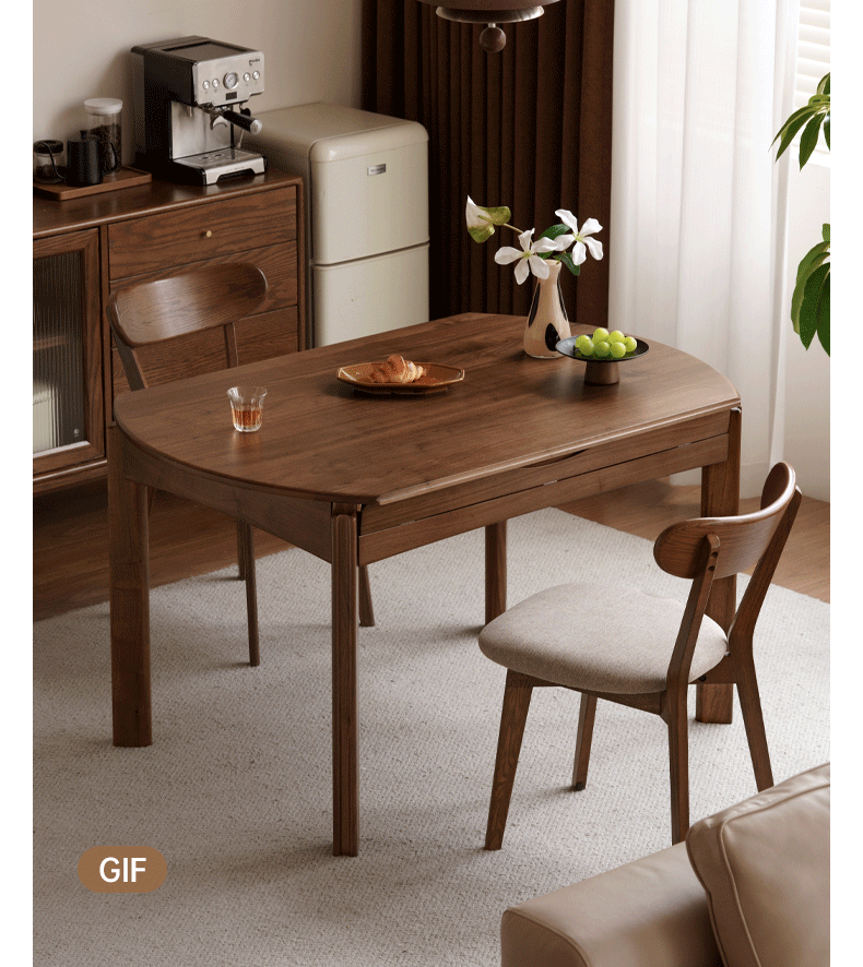 Black Walnut Solid Wood Retractable Round Dining Table