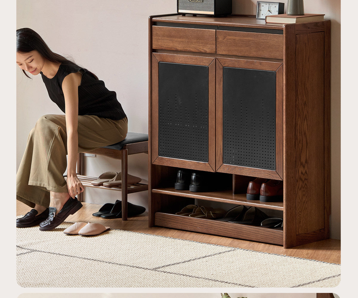 Oak Solid Wood Shoe Cabinet with Flip-Top Compartment and Perforated Metal Door