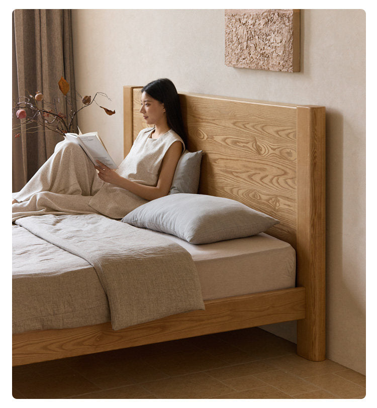 White Ash Solid Wood Platform Bed with Tall Flat Panel Headboard