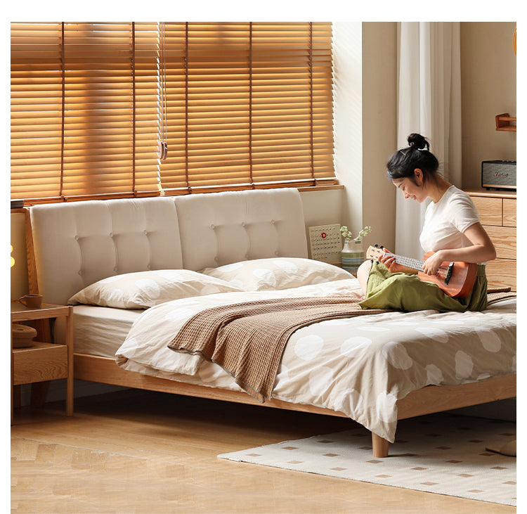 Oak solid wood leather soft bed cream style<