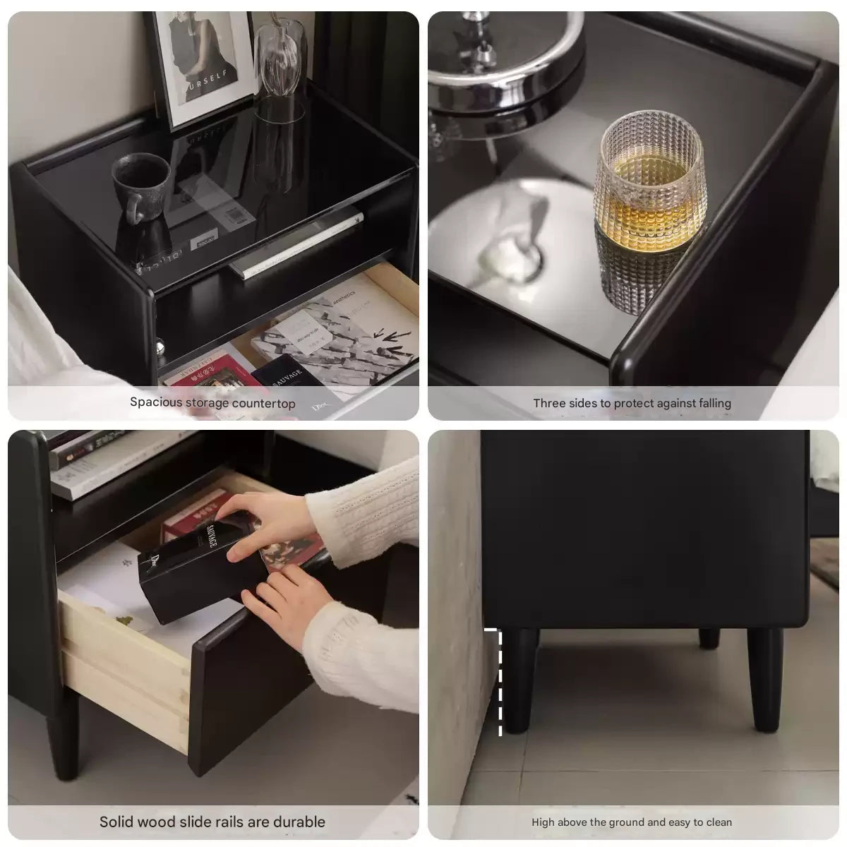 Rubber Solid Wood Modern Black Nightstand