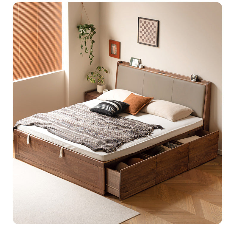 Black Walnut Solid Wood leather soft Drawer Box Bed Nordic<