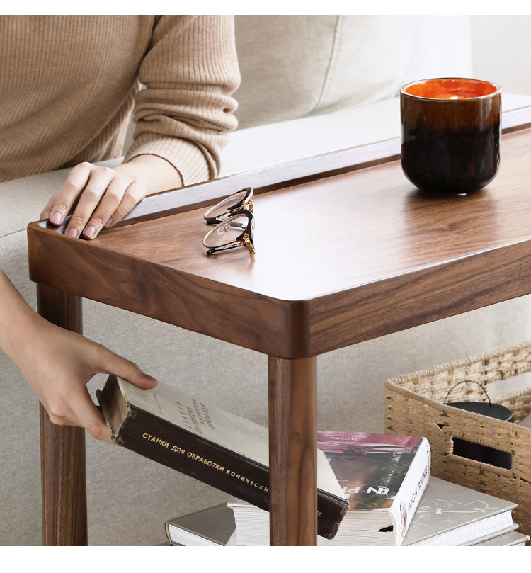 Black Walnut Solid Wood Side Table, Double Layer Storage Shelf"