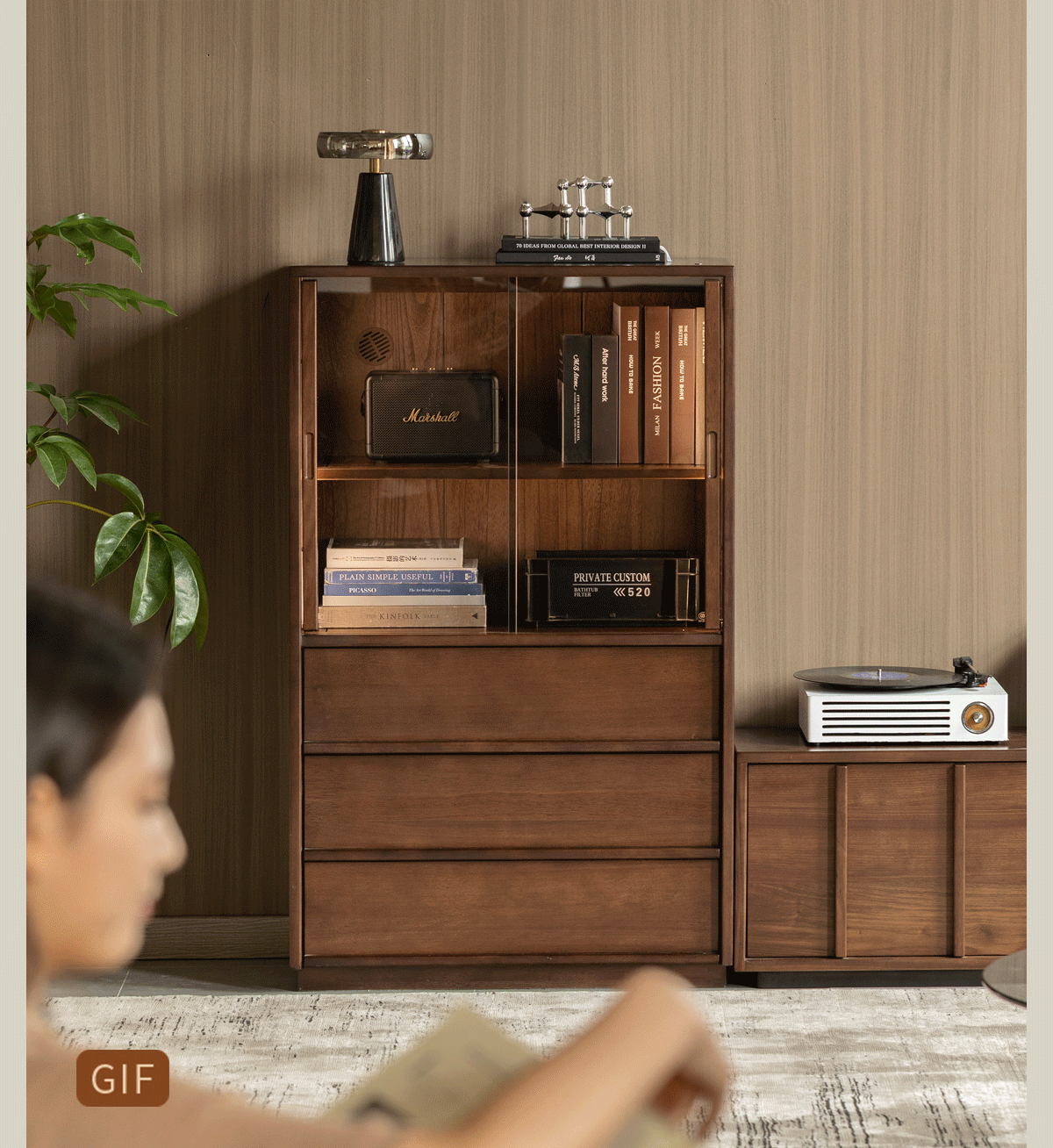 Sandalwood Solid Wood Tall Side Cabinet with Louvered Sliding Door and LED Lighting