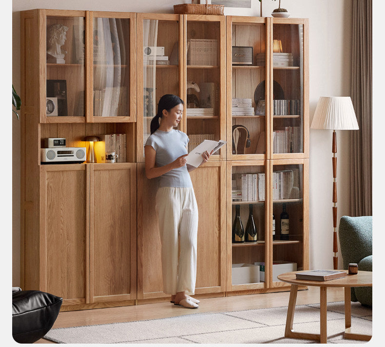 Oak Solid Wood Bookcase with Glass Doors, Large Oak Storage Cabinet for Living Room Display