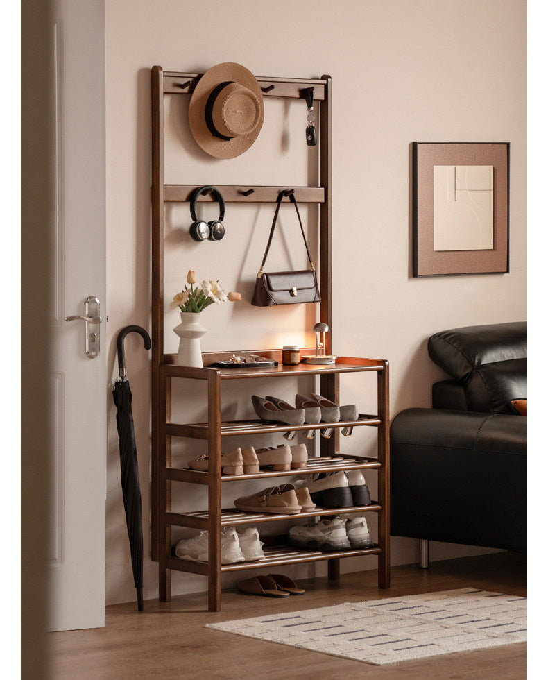 Solid RubberWood Modern Entryway Shoe Rack with Top Shelf and Hooks
