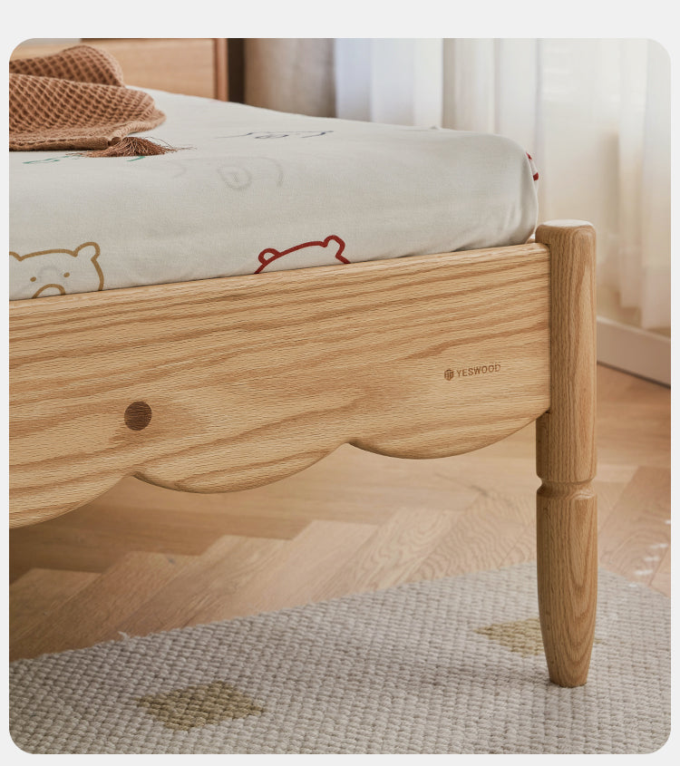 Milky white kids upholstered bed with soft headboard Oak solid wood"