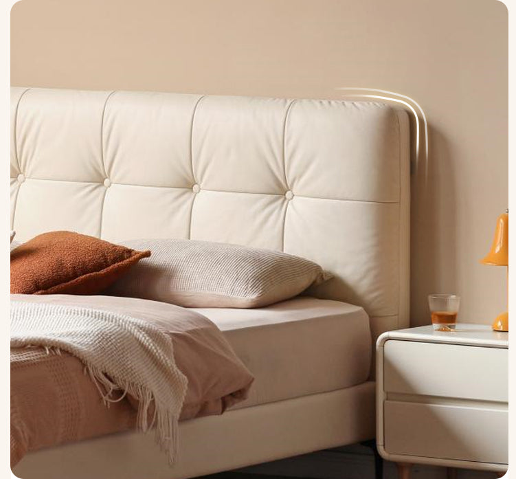 Genuine leather light luxury bed, cream style ")