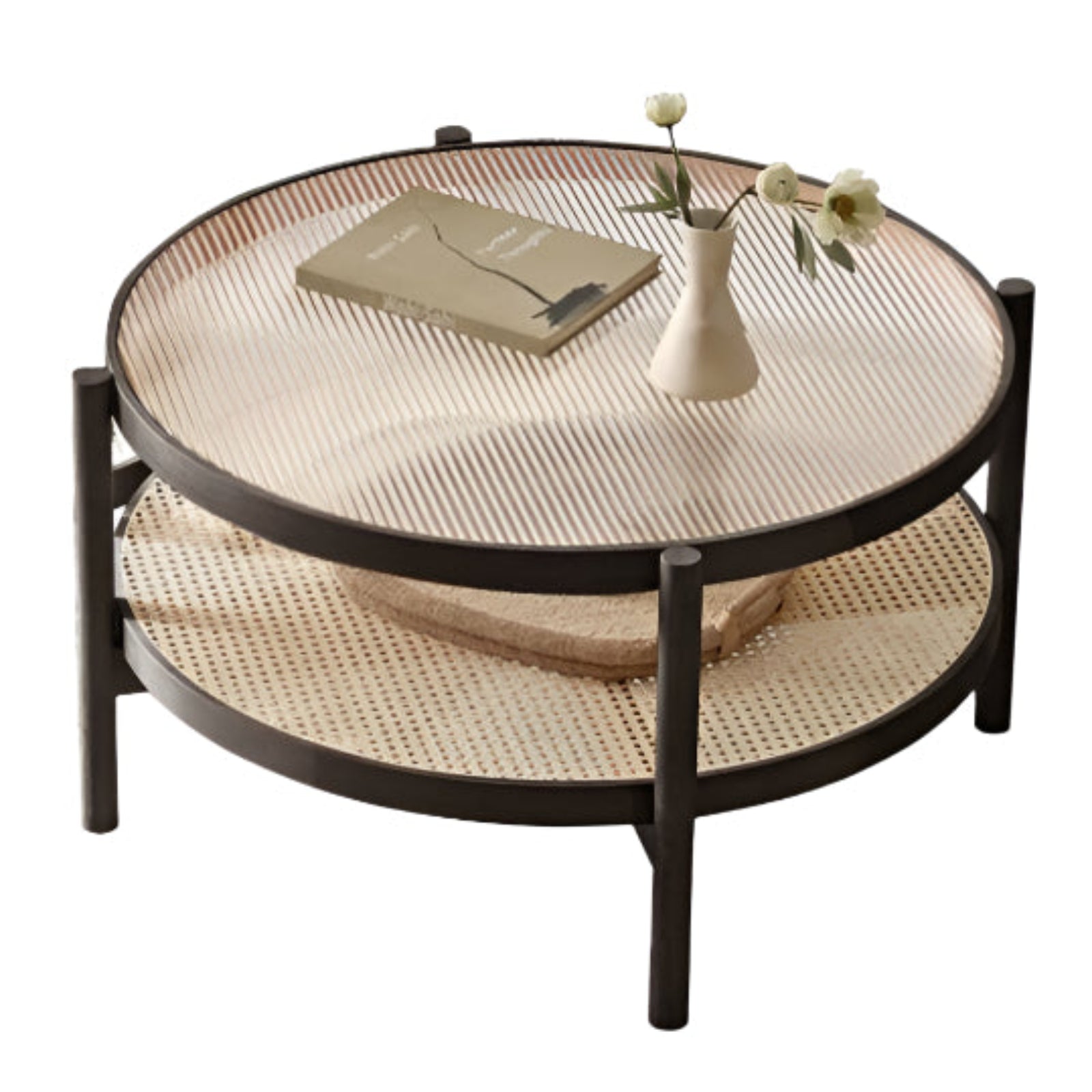Oak Solid Wood, Glass, Rattan Coffee Table