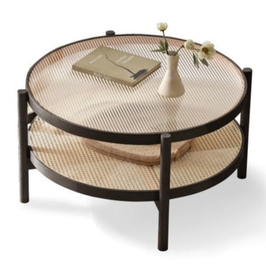 Oak solid wood, glass, rattan Coffee table-