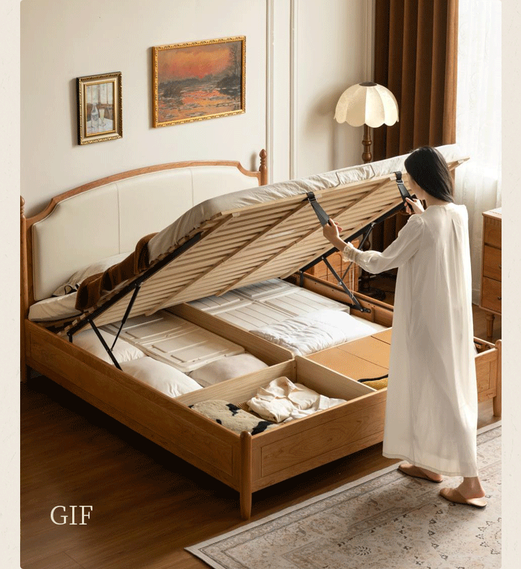 Cherry Solid Wood Box Bed with French Country Arched Upholstered Headboard and Spindle Posts