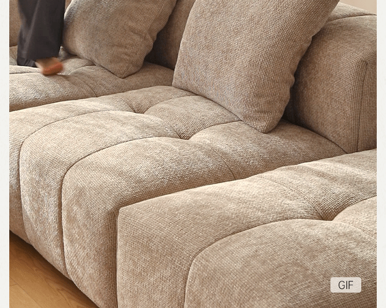 Pine Solid Wood Modular Sectional Sofa in Chenille Faux Linen with Feather-Filled Cushions, Chaise and Ottoman Options