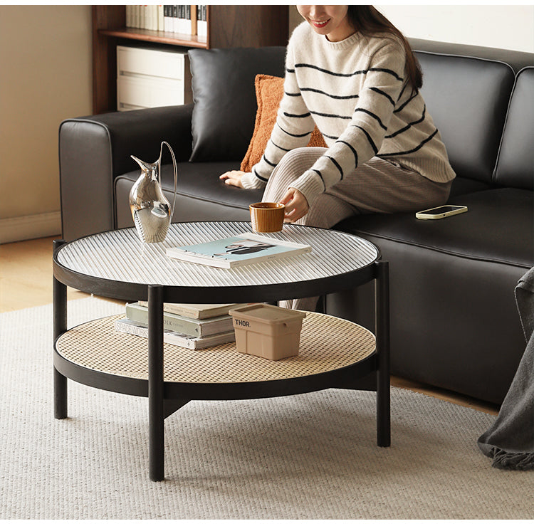 Oak Solid Wood Rattan Black Glass Round Coffee Table