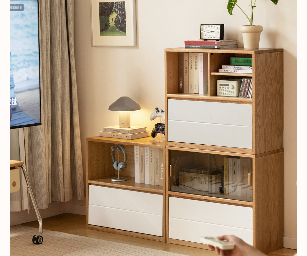 Oak Solid Wood Modular TV Cabinet System with Two-Tone Sliding Doors