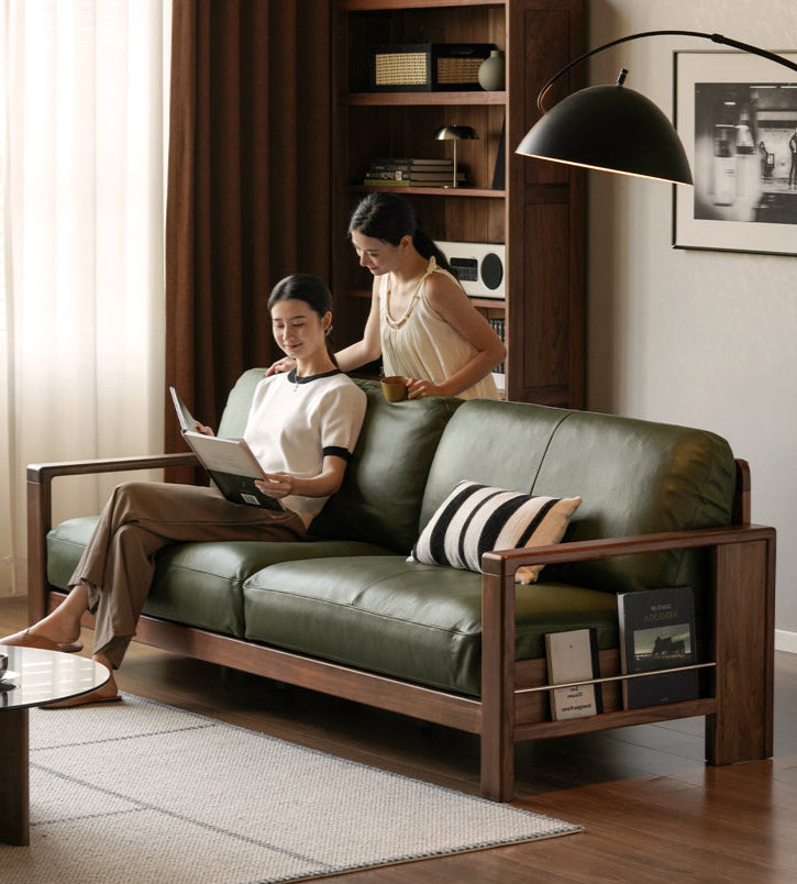 Black Walnut Solid Wood Leather Sofa