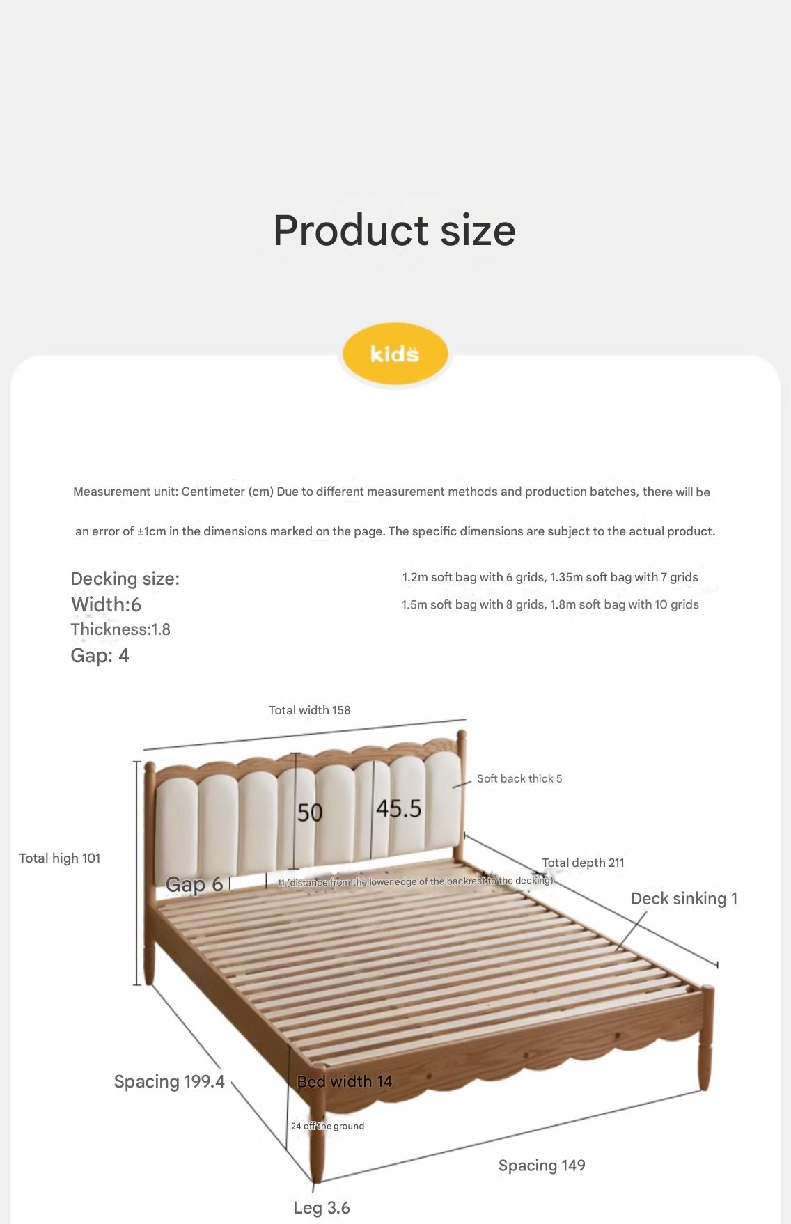 Oak solid wood Milky white kids upholstered bed with soft headboard<
