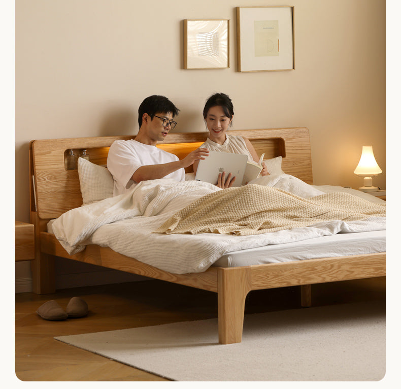 Oak, Beech solid wood bed with light and bookshelf