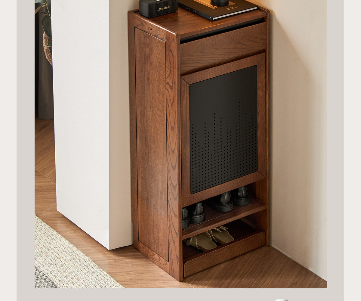 Oak Solid Wood Narrow Shoe Storage Cabinet with Flip-Top Compartment and Perforated Metal Door