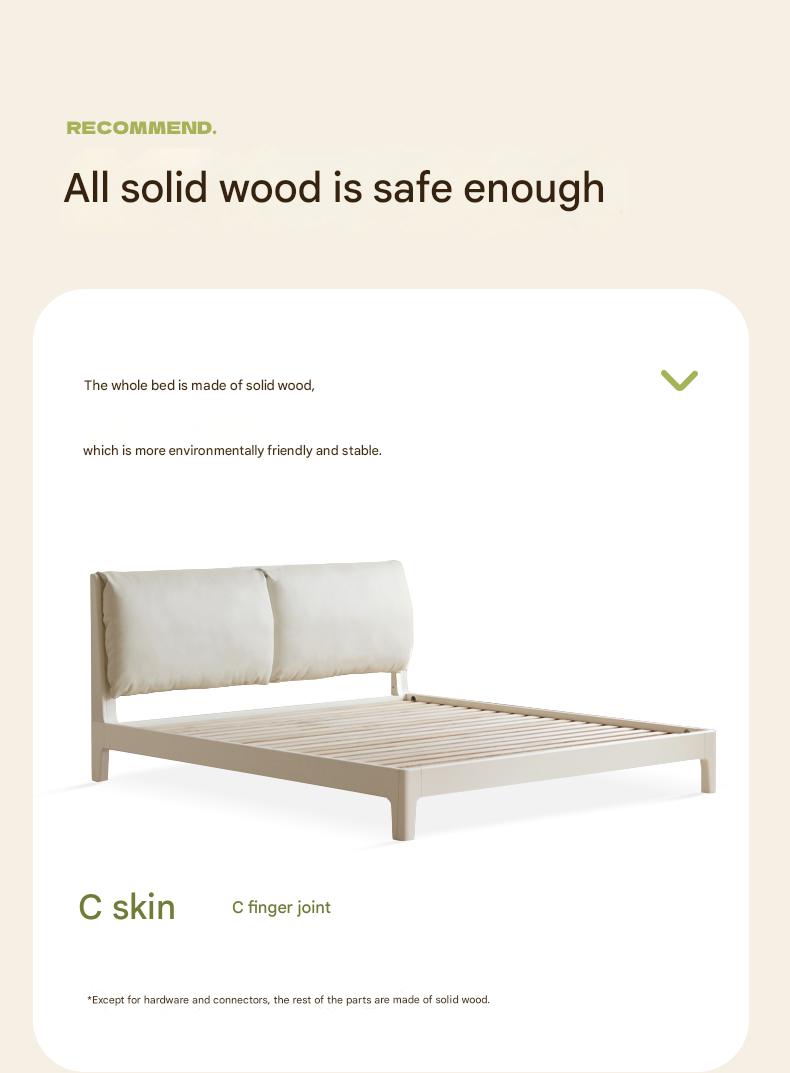 Rubberwood Solid Wood Upholstered Platform Bed with Cushioned Headboard, White