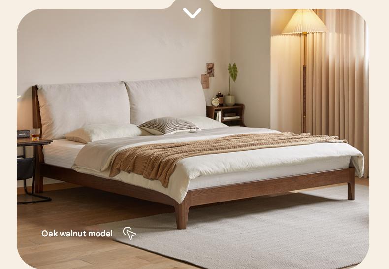Rubberwood Solid Wood Upholstered Platform Bed with Cushioned Headboard, White