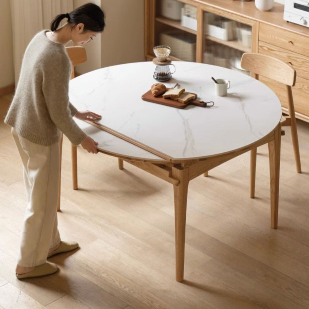 Oak, Solid Rubberwood Round Folding Dining Table With Rock Slab Surfac