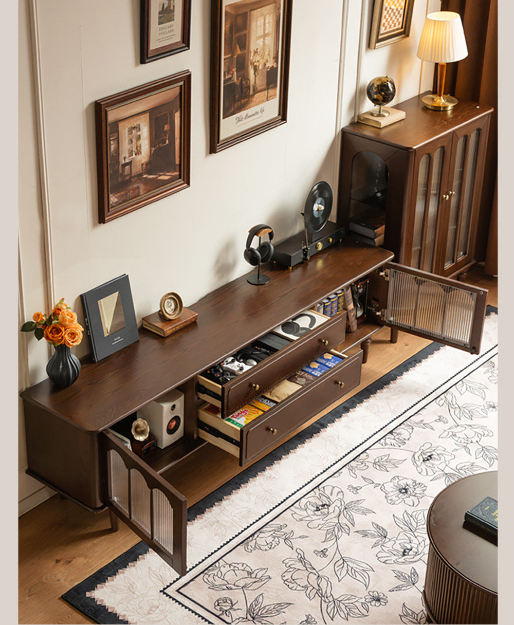 Ash Solid Wood TV Stand with American Retro Design and Tall Storage Cabinet