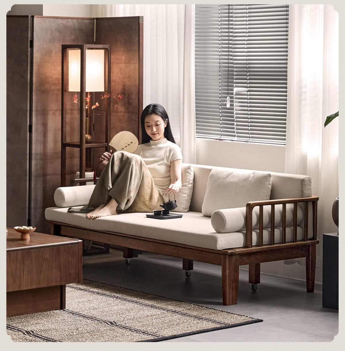 Black Walnut, Ash Solid Wood Daybed Sleeper Sofa with Slatted Wood Back and Arms