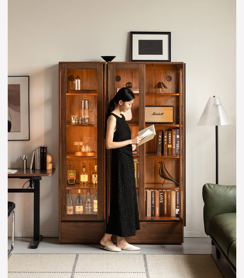 Black Walnut, Ash Solid Wood Modern Study Glass Bookcase