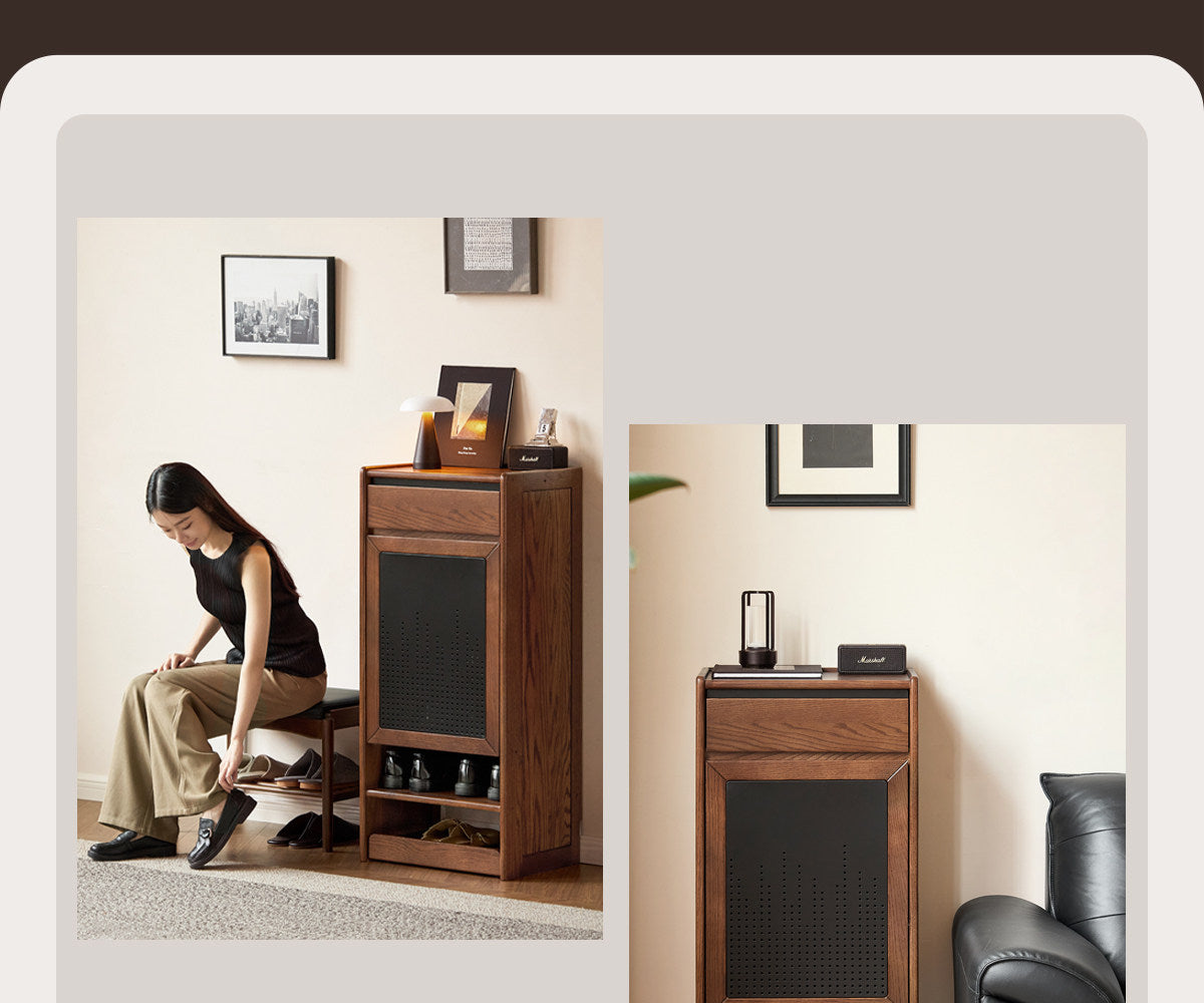 Oak Solid Wood Narrow Shoe Storage Cabinet with Flip-Top Compartment and Perforated Metal Door