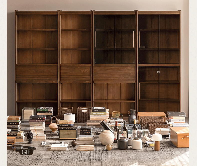 Black Walnut Solid Wood Combination Bookcase with Wall Storage and Floor Display
