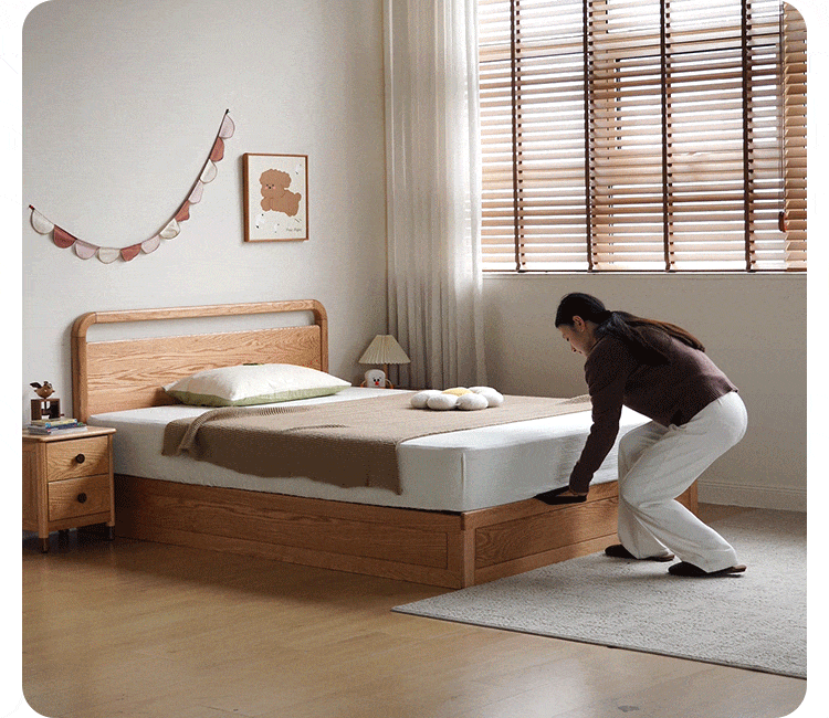 Oak, Rubberwood Solid Wood Storage Bed with Adjustable Height and Gas Lift