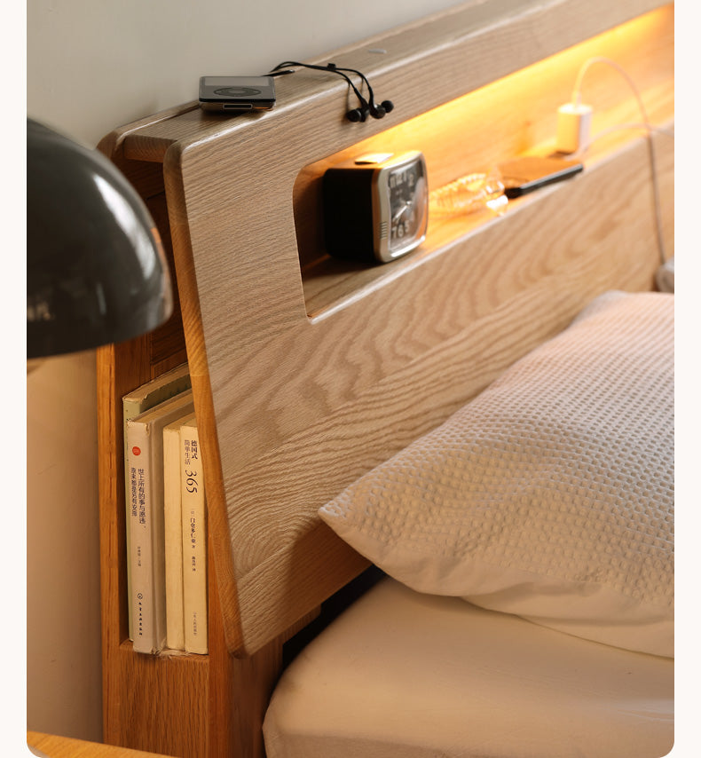 Oak, Beech solid wood bed with light and bookshelf