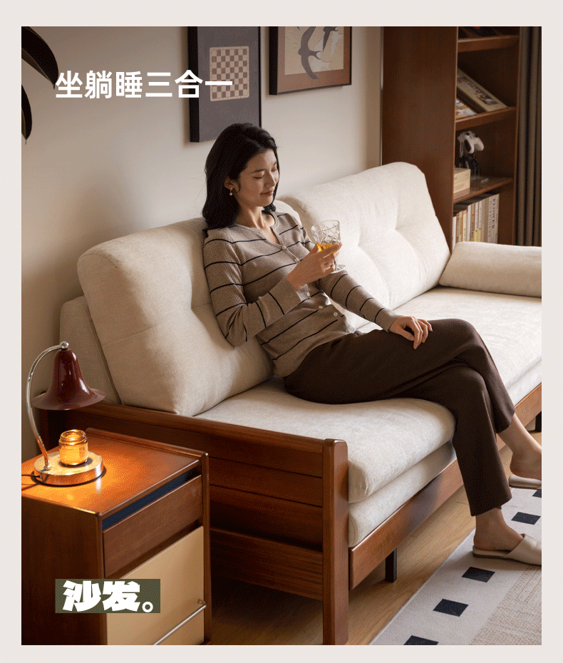 Solid Wood Vintage-Inspired Sofa Bed with Spacious Lounge Design
