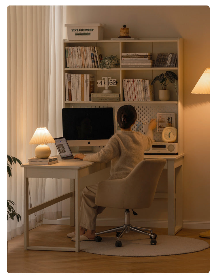 Oak Solid Wood Modern Cream Style Desk and Bookshelf Integrated