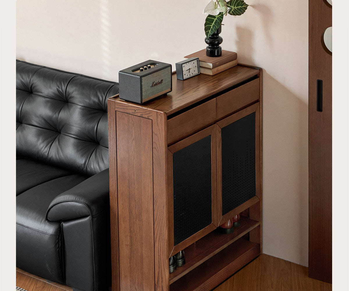Oak Solid Wood Shoe Cabinet with Flip-Top Compartment and Perforated Metal Door
