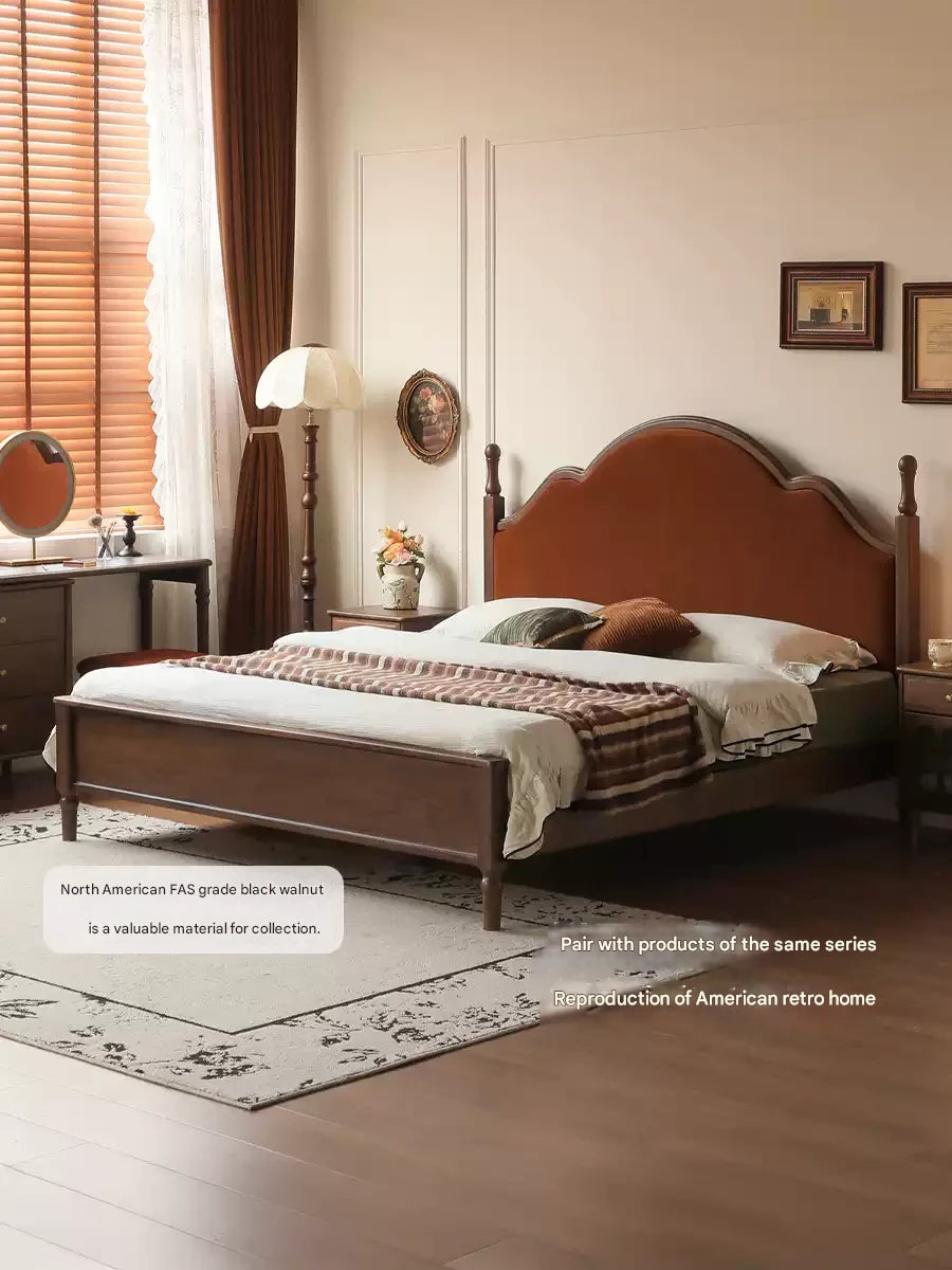 Black Walnut, Poplar Solid Wood Double Bed with Soft Backrest, Retro American Style