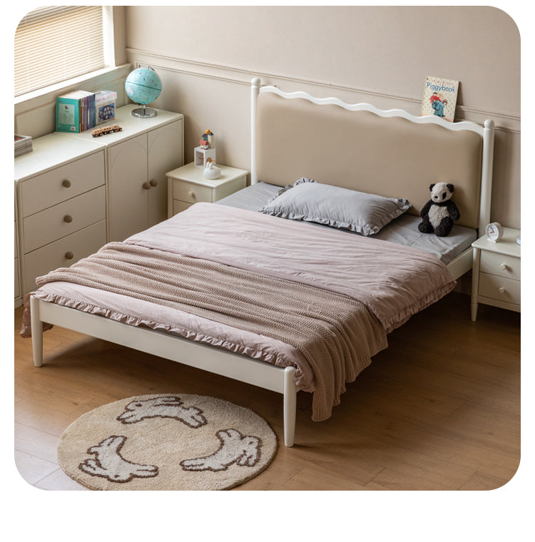 Rubber Wood Children's Bed with organic leather Cream Style.