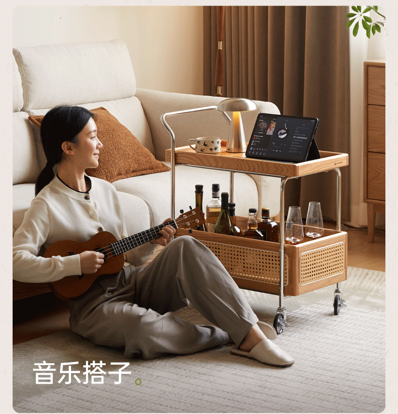 Oak Solid Wood Side Table with Double Layer Storage and Rattan Accents, Mobile