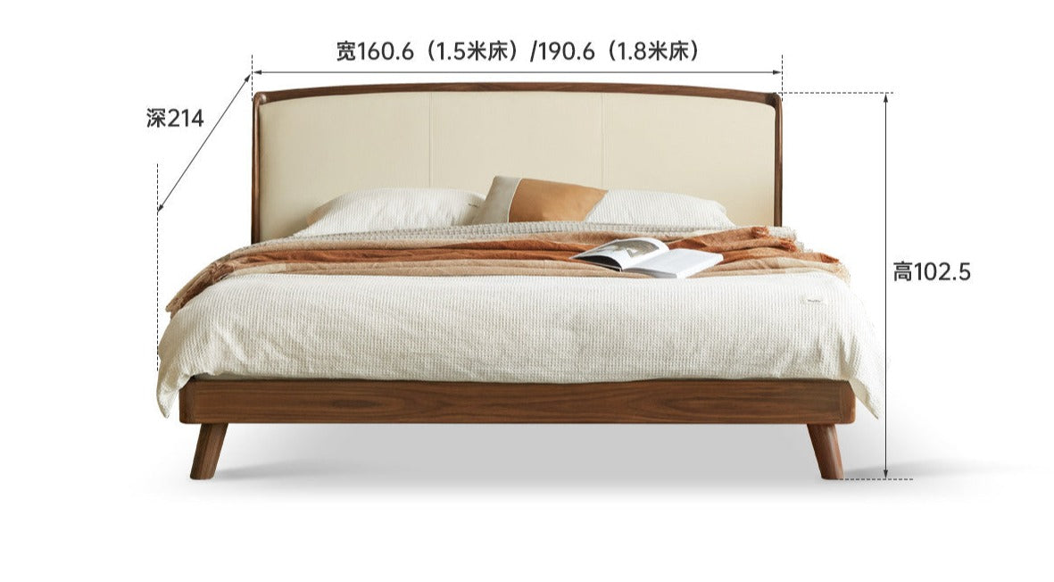 Genuine leather, Tech fabric Oak solid Wood Bed"_)