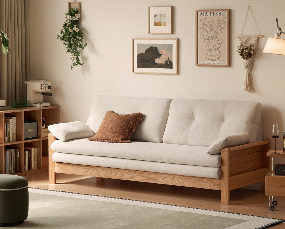 Oak Solid Wood Tufted Sofa Bed with Wood Frame and Side Storage Pocket